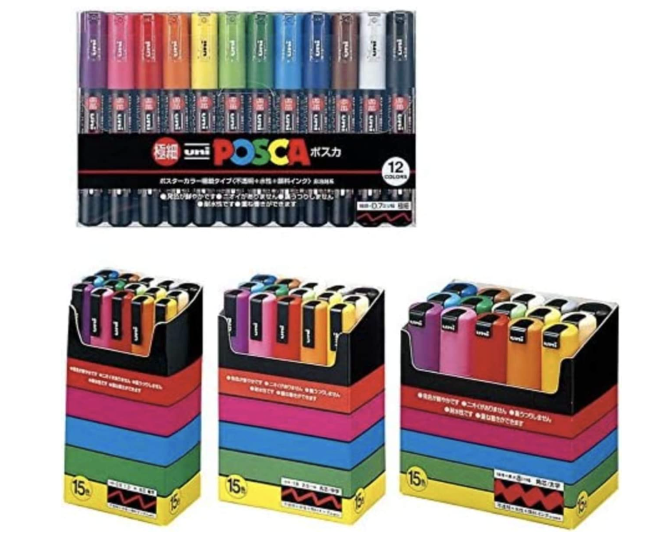 Uni-posca Paint Marker Pen 57 BUNDLE SET , Mitsubishi Pencil Uni Posca Poster Colour Marking Pens Extra Fine Point 12 Colours , Fine 15 , Medium 15 , Bold 15 