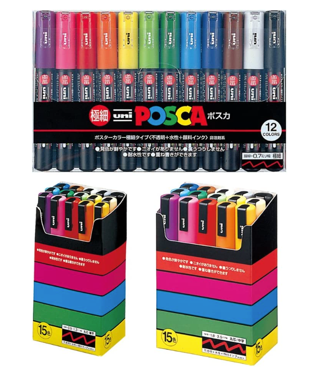 Uni-posca Paint Marker Pen 42 BUNDLE SET , Mitsubishi Pencil Uni Posca Poster Colour Marking Pens Extra Fine Point 12 Colours , Fine 15 Colors , Medium 15 Color 