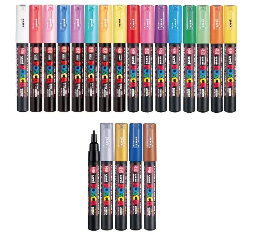 Uni Posca Paint Marker FULL RANGE Bundle Set , Mitsubishi Poster Colour ALL COLOR Marking Pen Extra Fine Point ( PC-1M ) 21 Colours ( 14 Standard & 7 Natural )