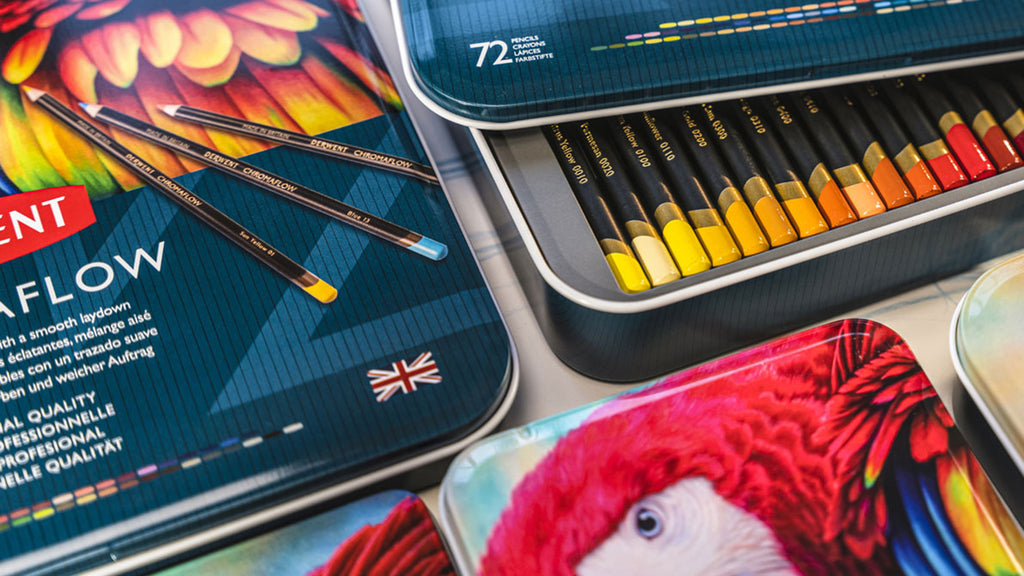 Derwent high-quality color pencil sets, featuring vibrant Chromaflow series packaging